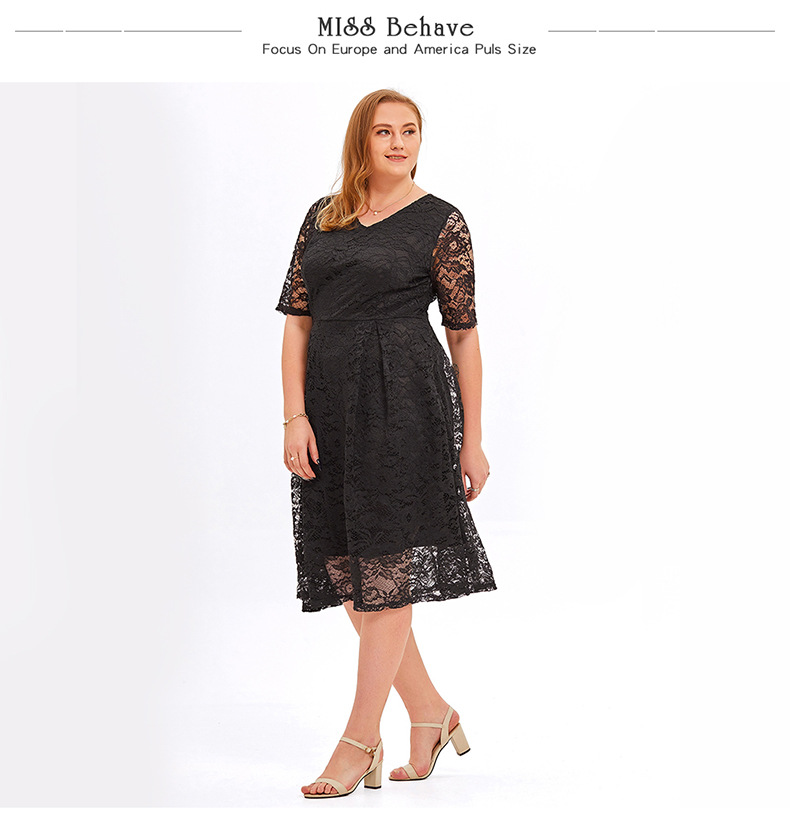 Plus size Overweight chubby women Cutout Floral Lace Swing Bridesmaid Wedding Dress black - model show