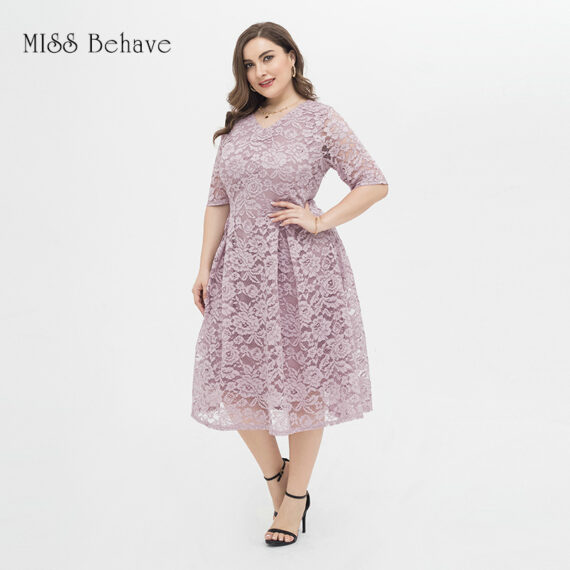 Overweight Womens Cutout Floral lace Plus Size V-neck Cocktail Party Dresses Pink