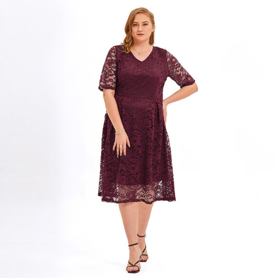 Plus size women v-neck Cocktail Party Swing Dress Wine Red Half Sleeves