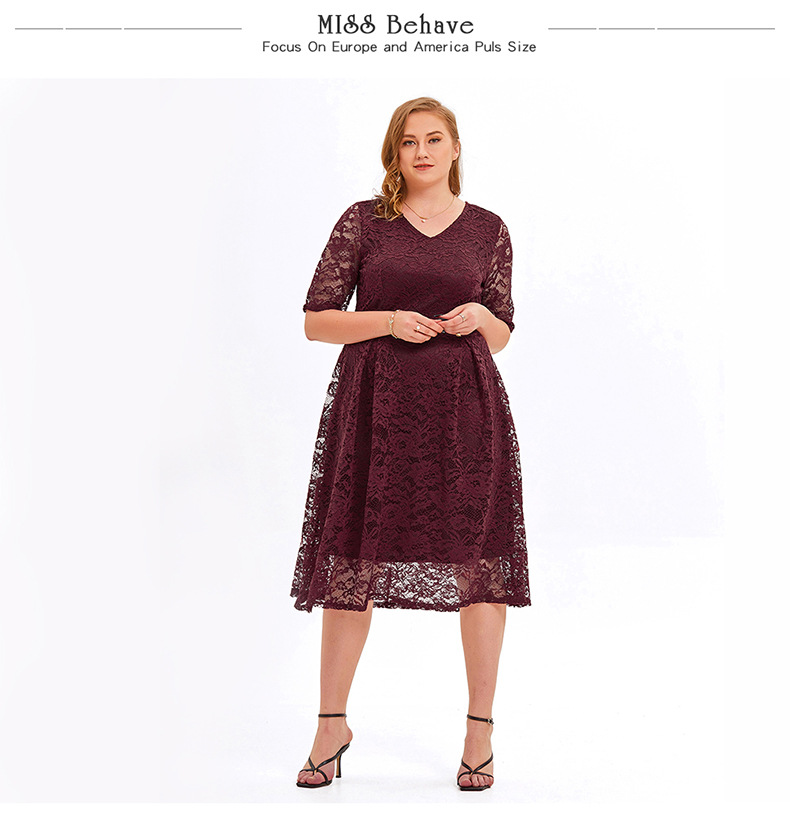 Overweight lady plus size Elegant Lace Embroidery A-Line Swing Casual Party Cocktail Dresses Wine Red Half Sleeves