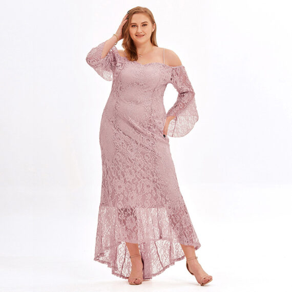 Chubby women Plus size Off Shoulder Floral Lace Wedding Party Dress Pink