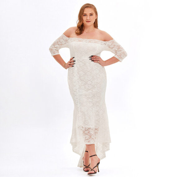 Chubby Women Plus Size Lace Bridesmaid Cocktail Party Dresses - White