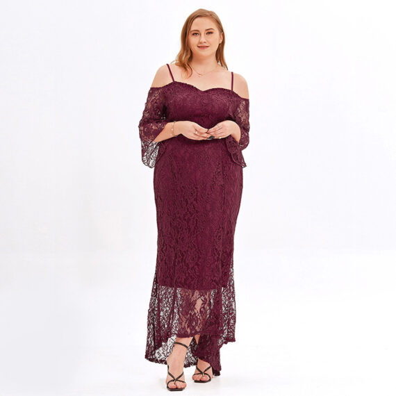 Chubby Lady Plus Size Long Sleeve Floral Lace Off Shoulder Wedding Mermaid Dress - Wine Red
