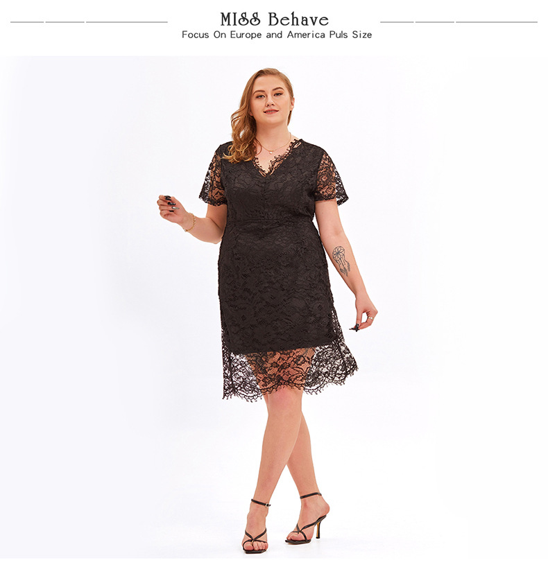 Fat Lady Plus Size Elegant Floral Lace Short Sleeve Wedding Guest A-line Party Dress - Black