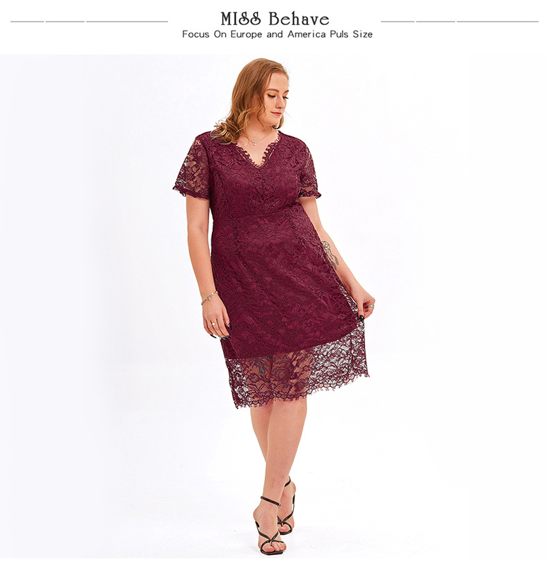 Wine Red overweight Lady Plus Size Plunging V Neck elegant Floral Lace A-line Party Dress