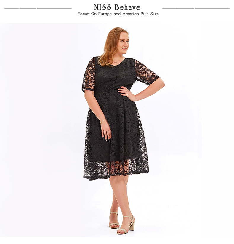 Plus size Overweight chubby lady Cutout Floral Lace Swing Formal Dress black - model show