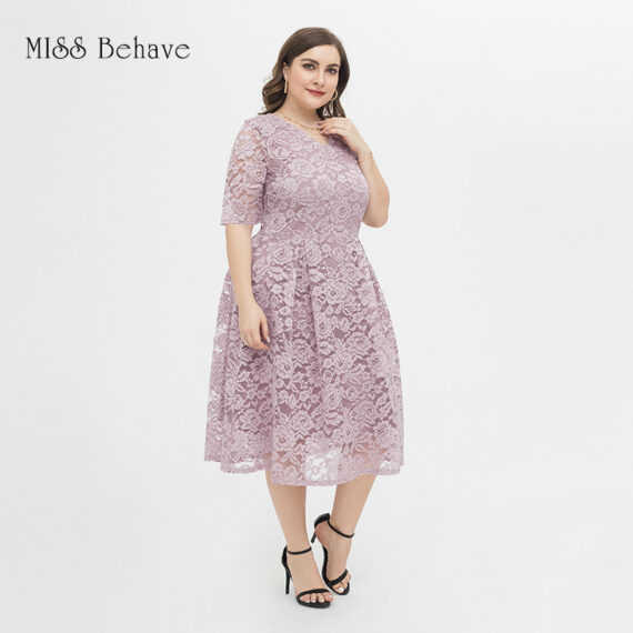Women's Half Sleeves V-Neckline Lace Top Plus Size Cocktail Party Swing Dress