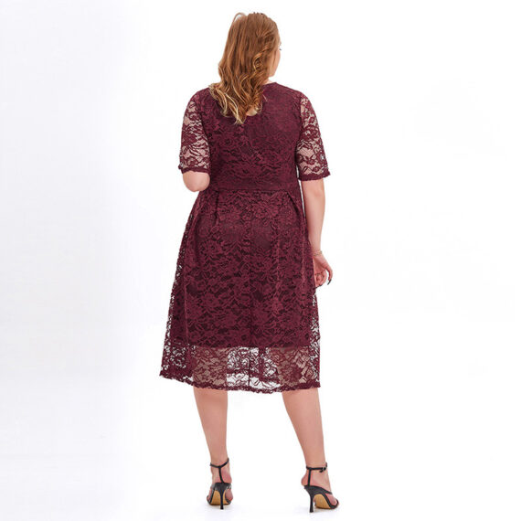 Overweight chubby lady Plus size lace v-neck Cocktail Party Swing Dress Wine Red Half Sleeves