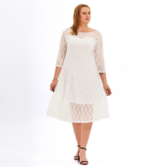 Women's Plus Size Lace Neck 3/4 Sleeves A Line Cocktail Party Dress