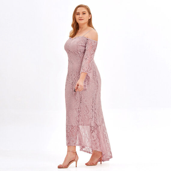 Fat women Plus size Off Shoulder Floral Lace Wedding Party Formal Dress Pink