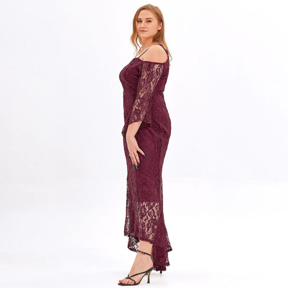 Fat Women Plus Size Long Sleeve Floral Lace Off Shoulder Wedding Mermaid Dress - Wine Red