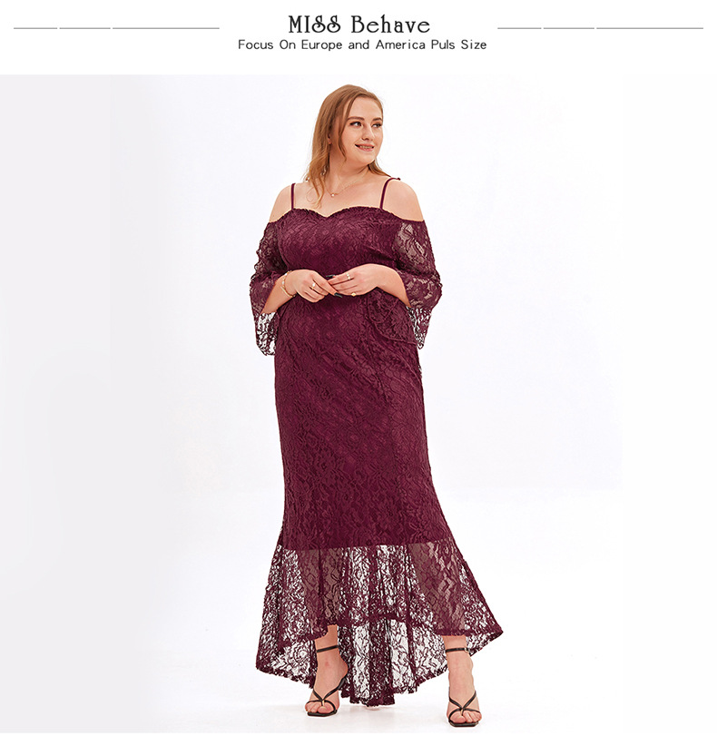 Overweight Lady Plus Size Wine Red Lace Off Shoulder Wedding Mermaid Party Evening Formal Dress - model show