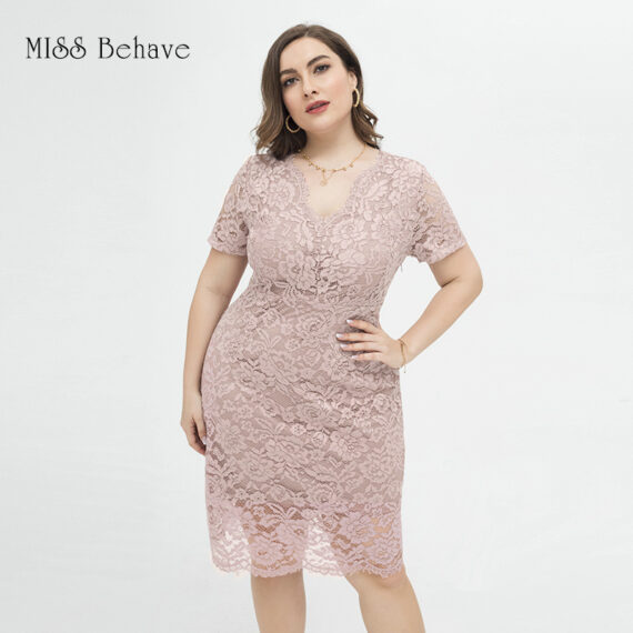 Fat Woman Plus Size V-neck Bodycon Wedding Cocktail Party Lace Dresses - Pink