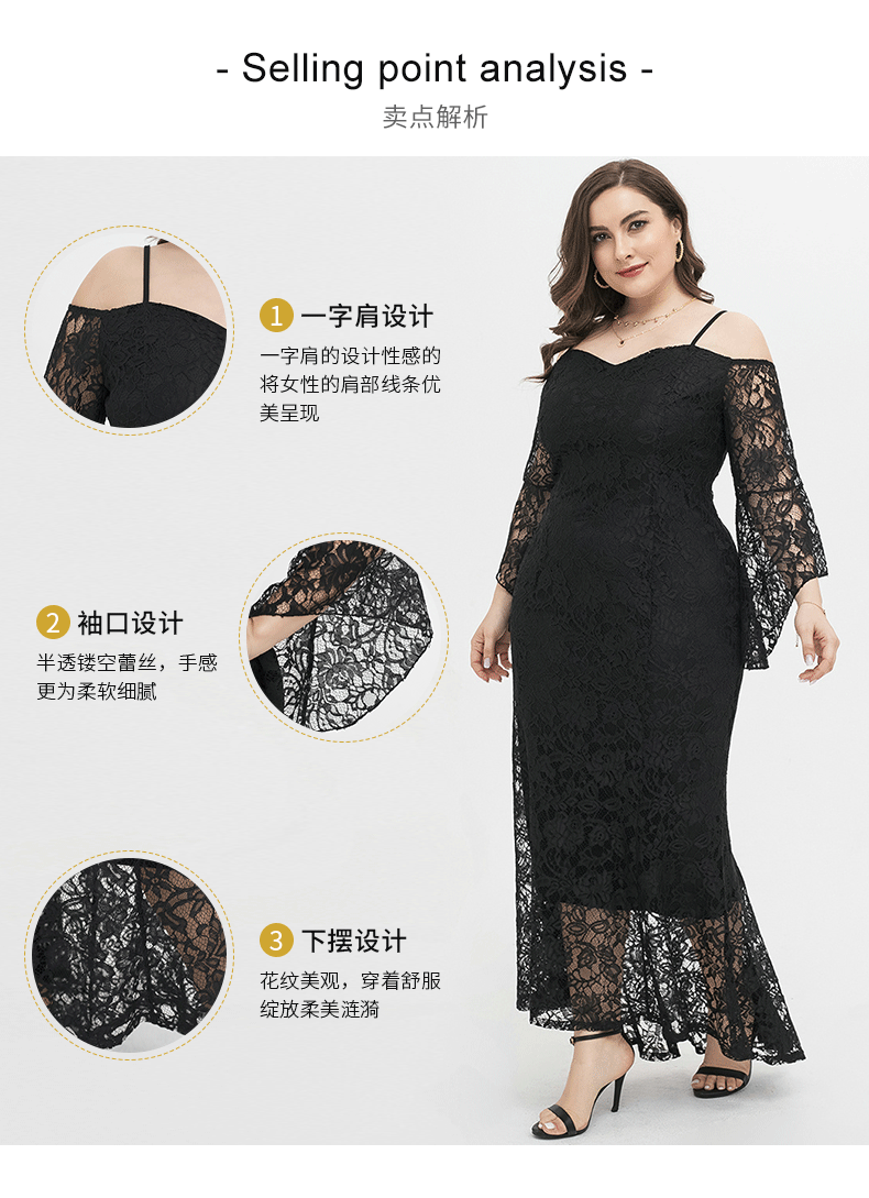 Women's Off Shoulder Floral Lace Vintage Bodycon Plus size Party Cocktail Dress - Black