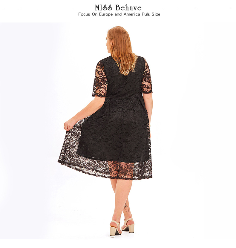 Plus size Overweight chubby lady Cutout Floral Lace Swing Elegant Parties Dress black - model show