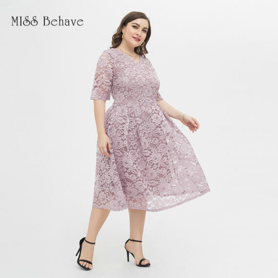 Chubby Women's Half Sleeves V-Neckline Hollowed Out Lace Top Plus Size Cocktail Party Swing Dress