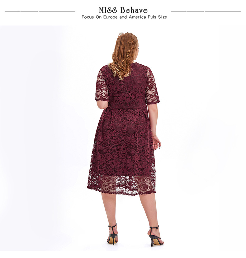 Chubby Women's Plus Size half Sleeve V Neck A Line Swing Midi Dress Lace