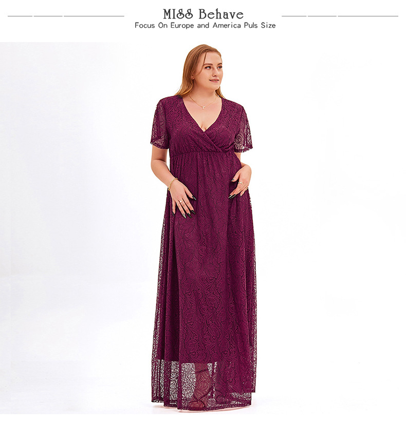 Plus Size Women's Solid V-Neck short Sleeve Evening Party Maxi Dress Wine Red