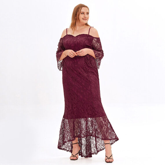 Overweight Women Plus Size Long Sleeve Floral Lace Off Shoulder Wedding Mermaid Dress - Wine Red