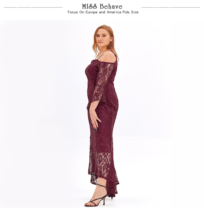 Fat Lady Plus Size Wine Red Lace Off Shoulder Wedding Mermaid Party Evening Formal Dress - model show