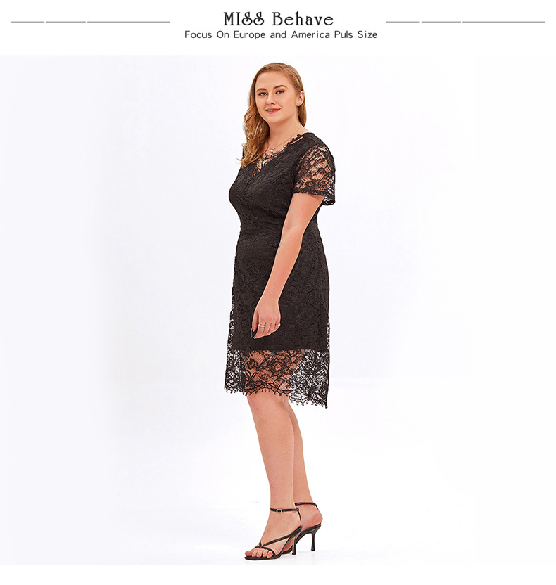 Chubby Lady Plus Size Elegant Floral Lace Short Sleeve Wedding Guest A-line PCocktail Dress - Black