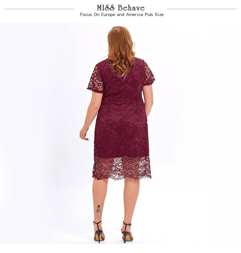Wine Red overweight Women Plus Size Plunging V Neck elegant Floral Lace A-line Cocktail Party Dress