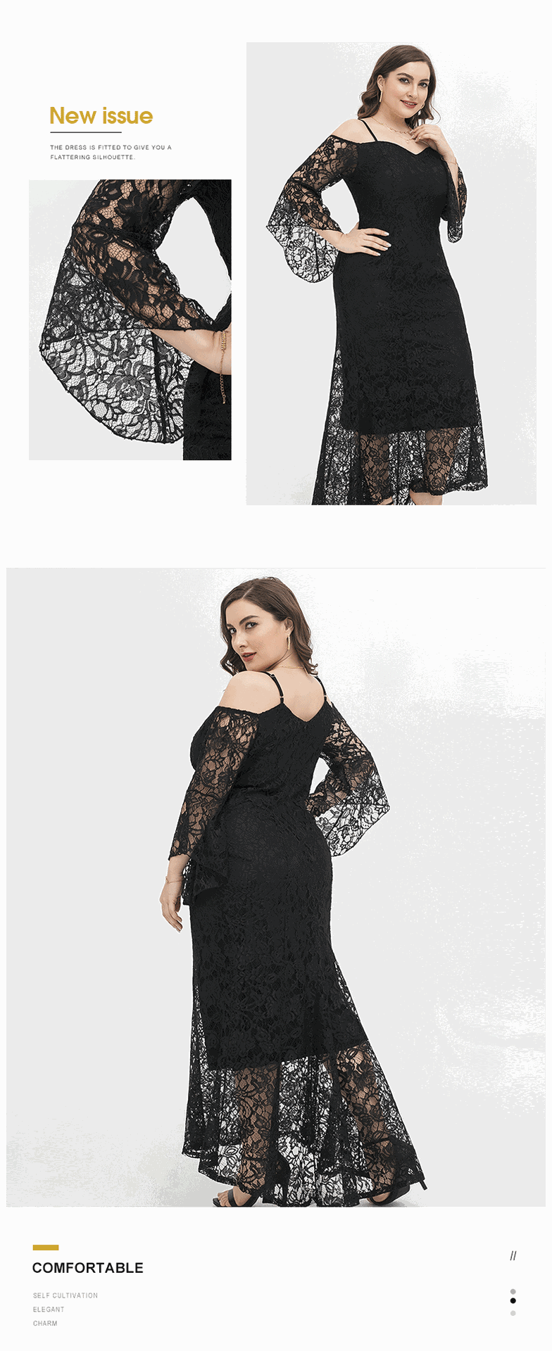 Women's Plus size Off Shoulder Floral Lace Vintage Bodycon Party Cocktail Dress Black -product detail back