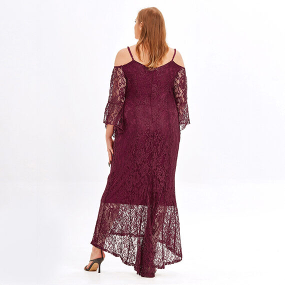 Overweight Lady Plus Size Long Sleeve Floral Lace Off Shoulder Wedding Mermaid Dress - Wine Red