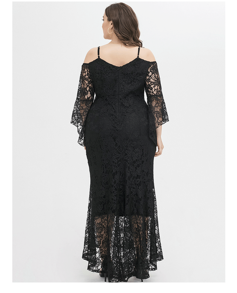 Ladies Plus size Off Shoulder Floral Lace Vintage Bodycon Wedding Party Dress Black - back