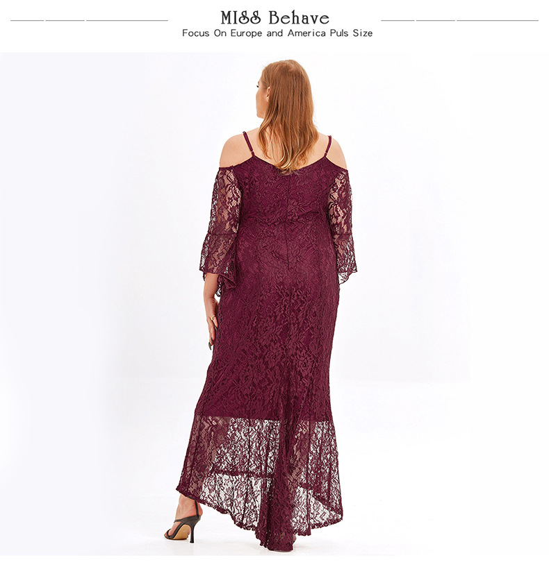 Fat Women Plus Size Wine Red Lace Off Shoulder Wedding Mermaid Party Evening Formal Dress - model show