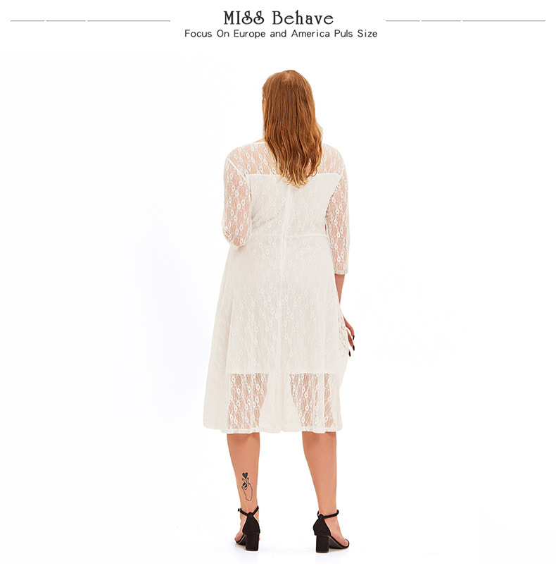 Women's Plus Size Summer Cocktail Lace Dress O Neck 3/4 Sleeve Knee Length Midi Dress