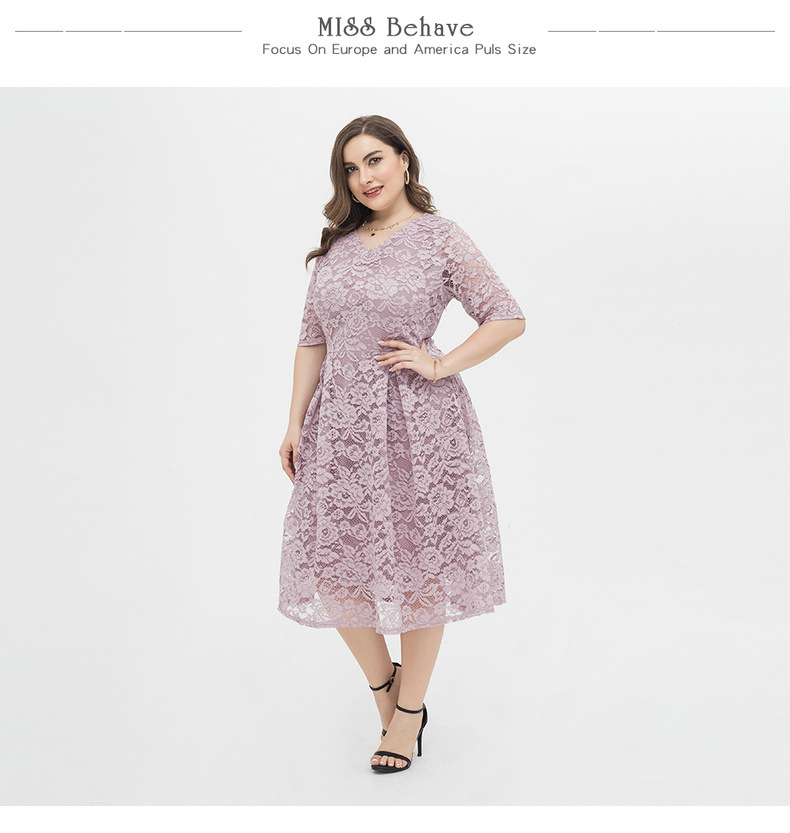 Overweight Women's Elegant Lace Embroidery Plus Size Flared A-Line Swing Casual Party Cocktail Dresses pink Half Sleeves