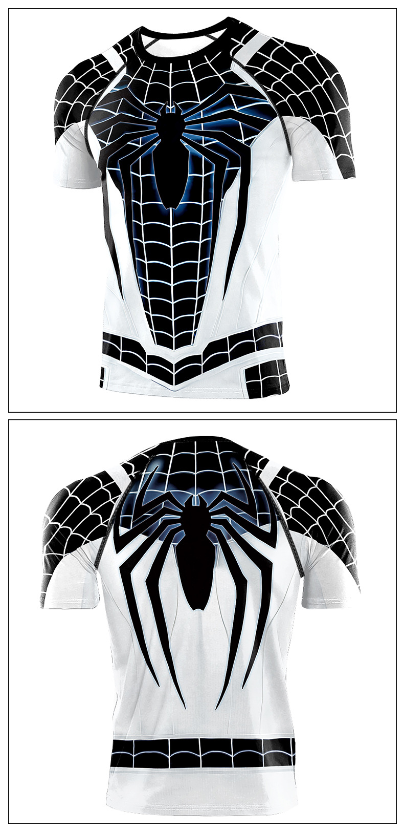 Crewneck slim fit Black white spider man workout tee shirt short sleeve - back - front