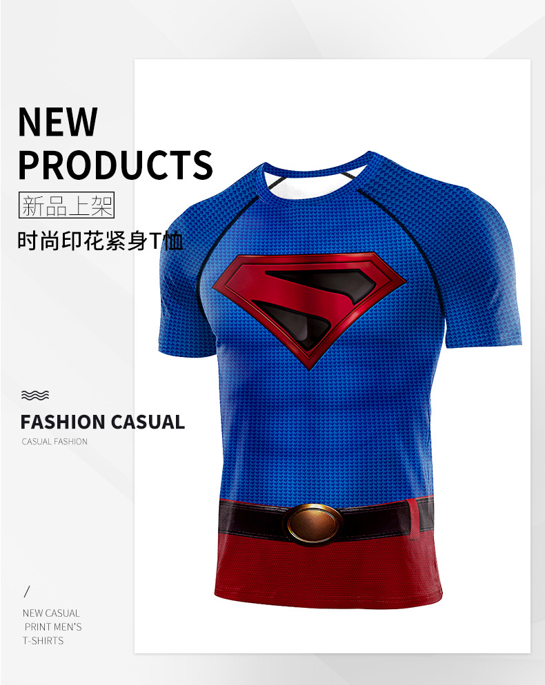 blue red classic superman compression running tee shirt for man