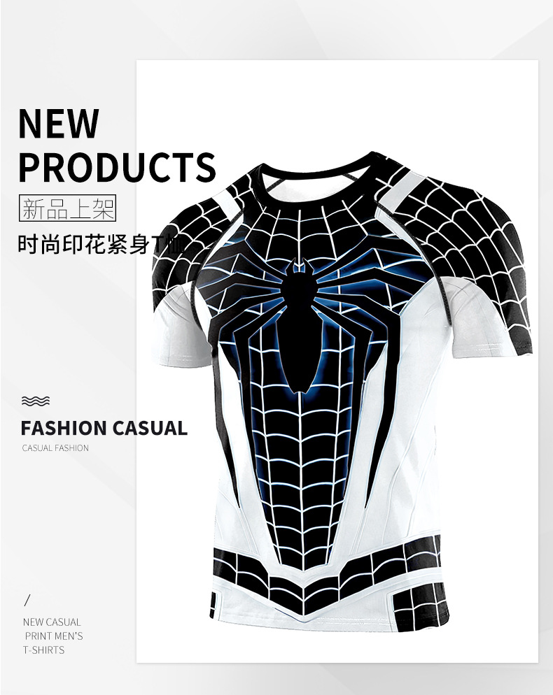 dri fit Black white spider man superhero compression t shirt short sleeve