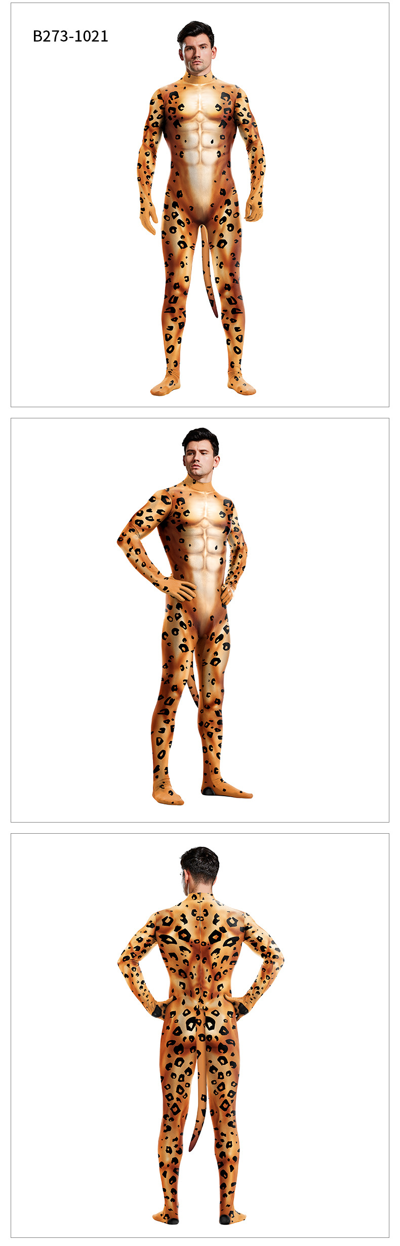 Leopard Crotch Zipper closure cool Leopard Pattern Animal Series Bodysuit With tail For Man - front and back