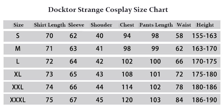 Docktor Strange Cosplay Suit Size Chart