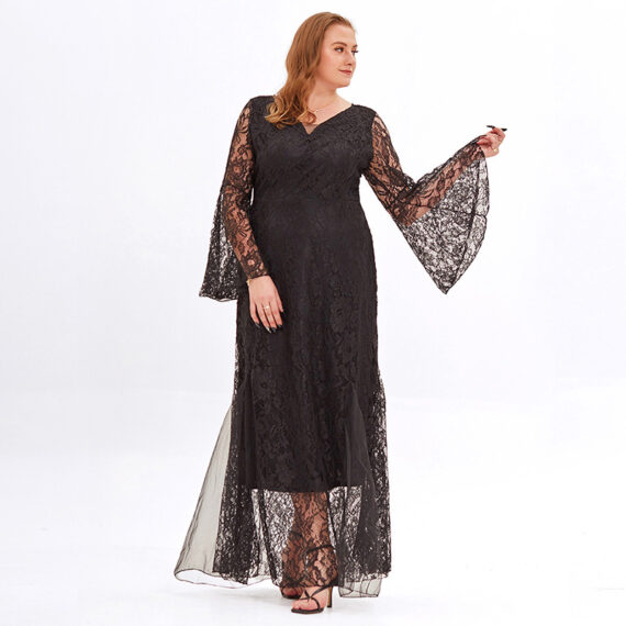 Lady's Elegant V-Neck Plus Size Floral Lace Dress