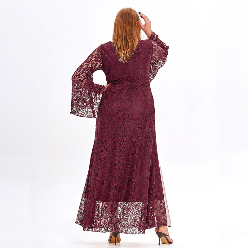 Overweight Women's Plus Size Floral Lace Wine Red Dress - Back
