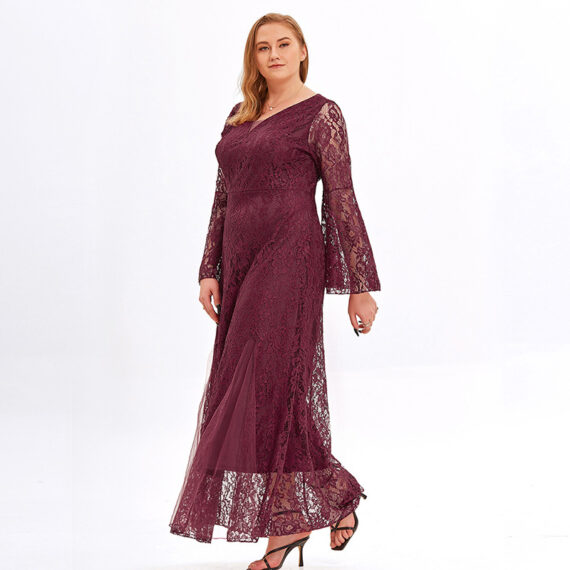 Plus Size Women Wine Red Floral Lace Wedding Dress