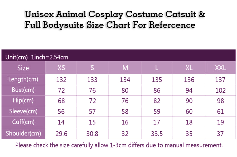 Unisex Animal Cosplay Costume Catsuit & Full Bodysuits Size Chart