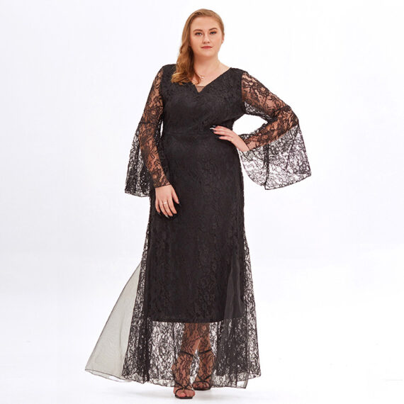 Women's Elegant V-Neck Plus Size Floral Lace Dress