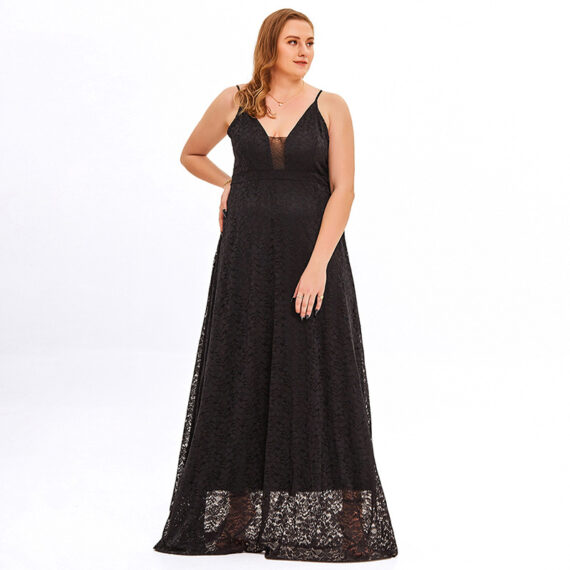 Women's Lace Wedding Dress V Neck Spaghetti Strap Sleeveless Black