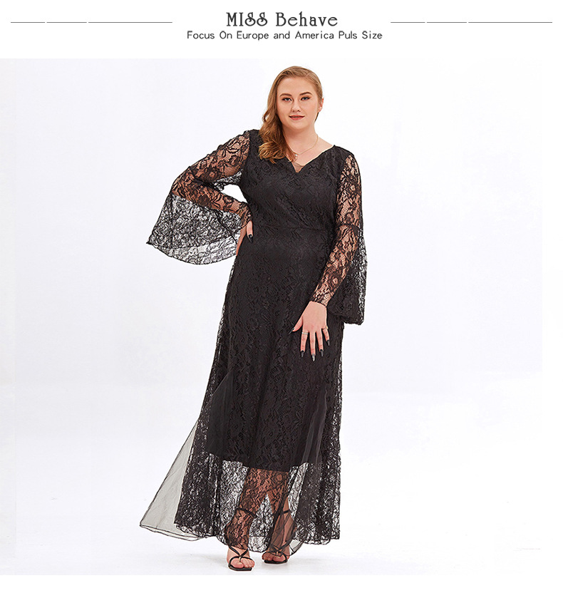 Women's Plus Size Floral Lace Wedding Dress full Sleeve Bridesmaid Evening Party Long Maxi Dresses black