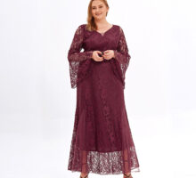 Women's Plus Size Long-Sleeve Wine Red Floral Lace Wedding Dress