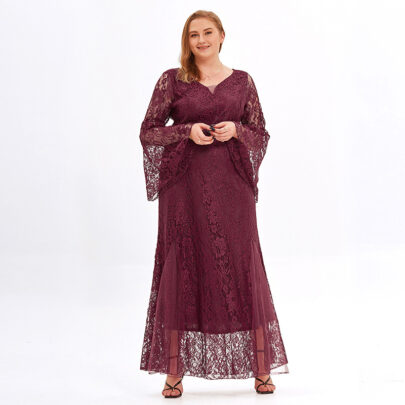 Women's Plus Size Long-Sleeve Wine Red Floral Lace Wedding Dress