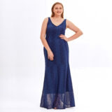 Women's V Neck Spaghetti Strap Backless Lace Long Dress Blue