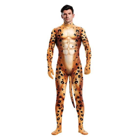 men's Leopard 3d print bodysuit with tail for halloween