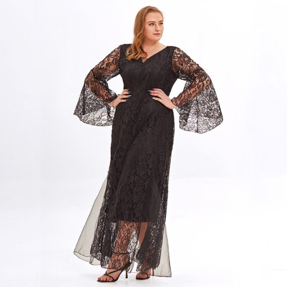 chubby lady's v-neck plus size floral lace dress