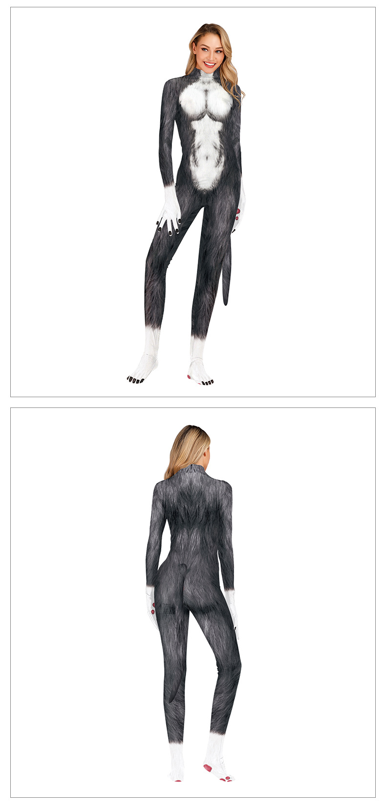 fashion sexy women's 3d graphic catsuit with tail for halloween cosplay - front and back